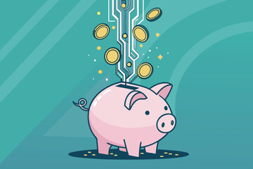 Piggy bank shattering, coins stream into a glowing digit.