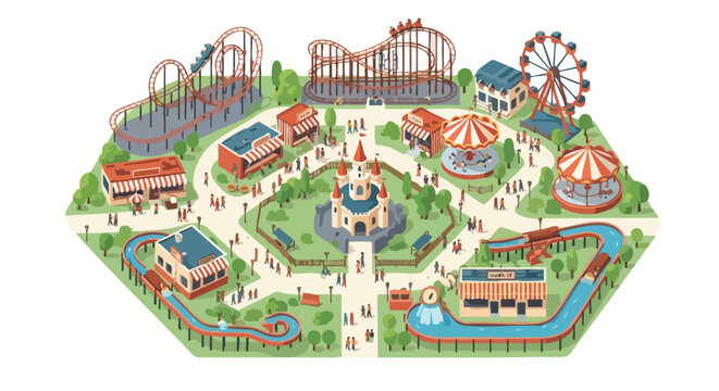Whimsical isometric illustration showcasing a vibrant amusement park with rollercoasters and a fairytale castle
