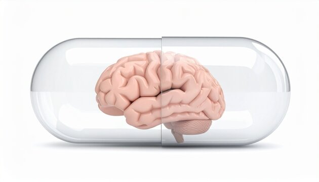 Human brain in a clear capsule isolated on white background.