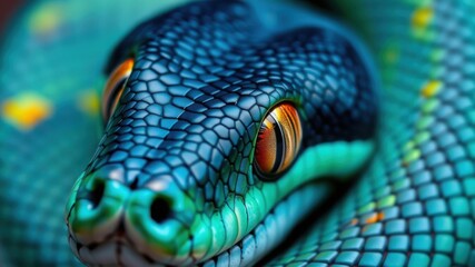 Fototapeta premium Close up shot of a blue and green snake with orange eyes coiled and looking at the viewer intently