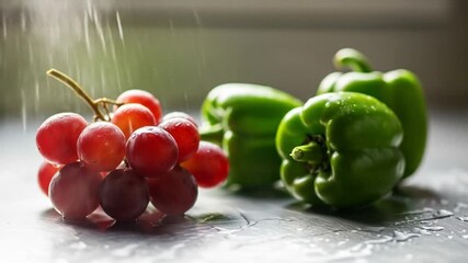 Fresh Produce Sprinkled with Water: Grapes and Green Bell Peppers on a Shiny Surface - Powered by Adobe
