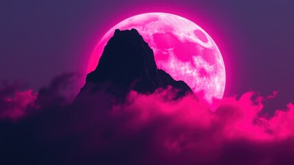 Silhouette of mountain peak against a pink full moon with pink clouds in the foreground at night