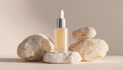 Serum bottle with dropper on beige backdrop with rocks