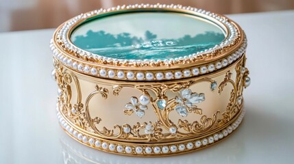 Ornate gold jewelry box adorned with pearls and floral embellishments featuring a landscape photo