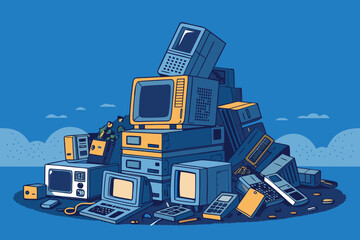 Towering heap of discarded electronic waste, obsolete computers, old telephones, tangled wires, circuit boards, tech graveyard, digital refuse, e-waste dump.