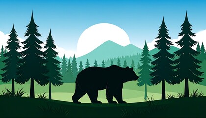 Silhouette of a Grizzly Bear walking through a lush green forest with mountains and a large sun in the background.