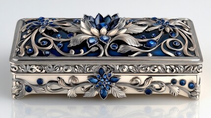 Ornate antique silver jewelry box with intricate floral designs and blue gemstones