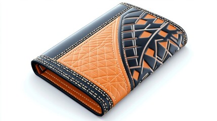 A stylish bi fold leather wallet with quilted tan panels and geometric black accents