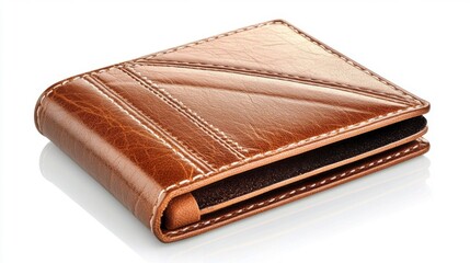A brown leather wallet with stitched detailing displayed against a clean white background