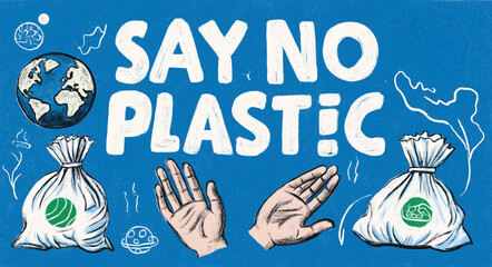 A vibrant illustration promoting the message "Say No to Plastic," featuring hands, bags, and a globe, emphasizing environmental awareness.