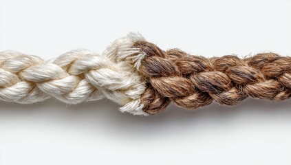 Braided rope closeup showing transition from light to dark brown color, against white