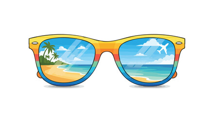 Vibrant sunglasses reflecting a tropical beach scene with a plane against a cloudy sky illustrating a travel destination