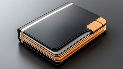 Stacked modern notebooks with gold accents and elastic bands on a dark background
