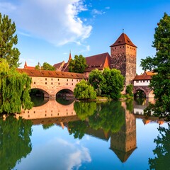 Fototapeta premium Medieval Bridge & Fortress Reflection, River City