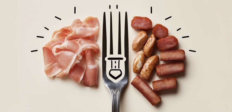 A creative composition featuring a fork beside a variety of meats, highlighting the culinary delights with playful design elements.