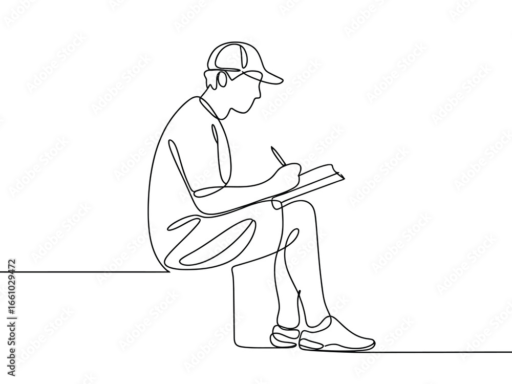 Poster person in a cap drawing in a notebook with a continuous line style