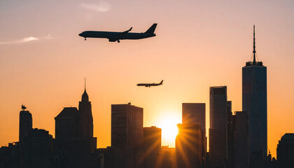 Silhouetted airplanes flying over a cityscape at sunset, with the sun setting behind the buildings.