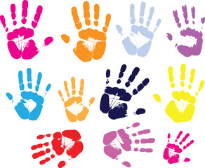 Vibrant and Playful Handprints Collection Displaying Colorful Children's Impressions, Symbolizing Creativity, Community, and Diversity in a Fun Artistic Arrangement for Design.