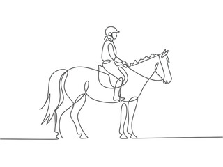 Single line drawing of a person riding a horse
