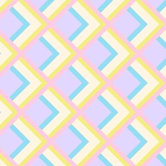 The interlocking chevron stripes in soft pastel yellow, blue, and light purple create a delightful rhythm against a gentle pink background, perfect for a cozy and modern design.