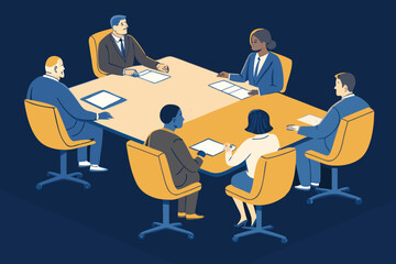 Diverse executives strategizing, collaborating, presenting, and networking around a polished conference table, modern office, successful business.