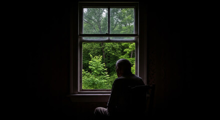 An elderly man sits near the window of an old house all alone.