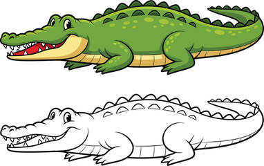 Obraz premium Cartoon Crocodile and Outline Vector Set