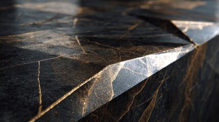 Close-up view of a dark, angled countertop with gold veining, well-lit