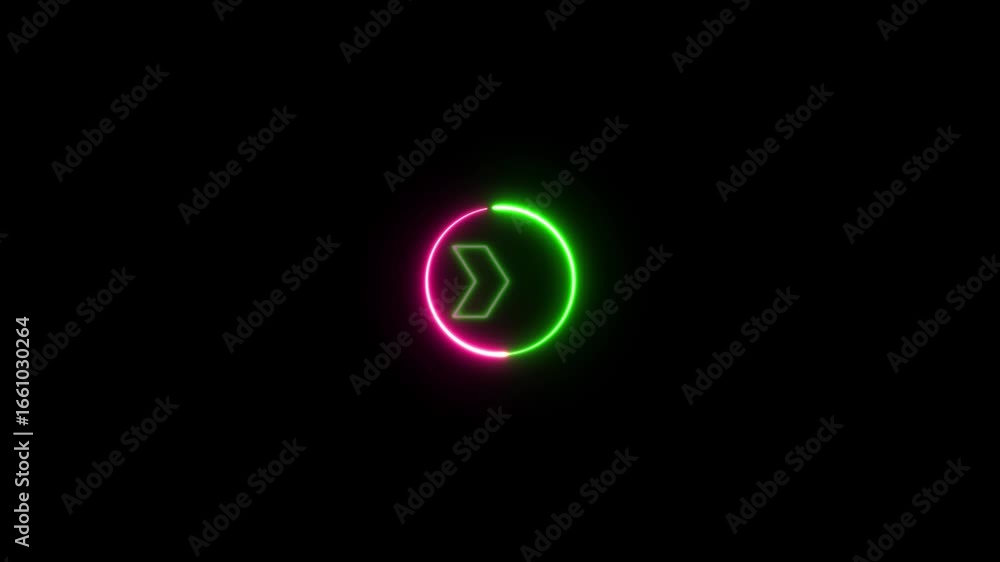 Poster glowing circle with right arrow animation. glowing colorful neon arrows isolated on a black backgrou
