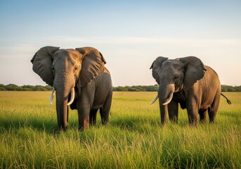 Obraz premium Majestic African Bull Elephants with Ivory Tusks in a Golden Savanna at Sunset.