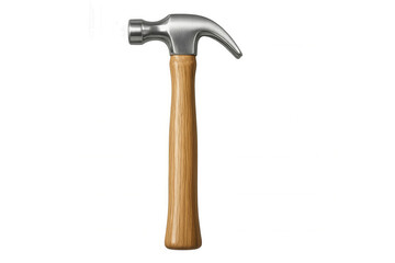 Wooden-handled claw hammer positioned vertically, showcasing metallic head and ergonomic handle against clean transparent backdrop