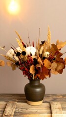 Dried flower arrangement in dark vase