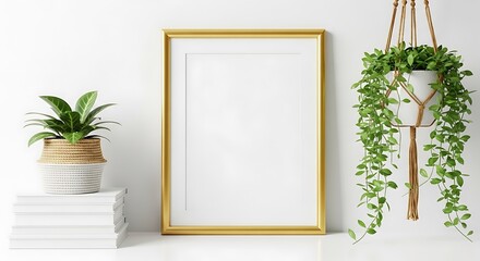 Minimalist home decor with empty golden picture frame and hanging greenery