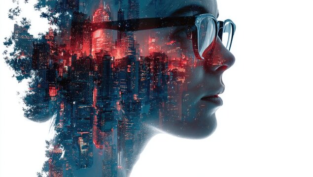 Woman's profile merges with cityscape, creating a thought-provoking visual