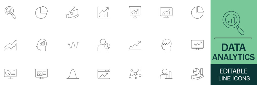 Data Analytics line editable icon set. Includes Chart, graph, analysis, report, growth, trend, statistics, pie chart, bar graph, line graph, scatter plot, dashboard, infographic icons. Linear vector.