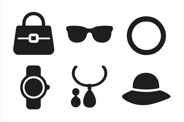 Woman fashion accessories vector icon collection. Black glyph silhouette symbols for web and app design. Set with handbag, sunglasses, jewelry, watch, hat, and bracelet.