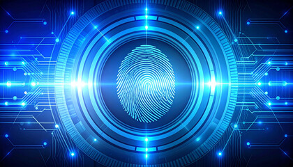 Digital fingerprint identification system with glowing blue light and circuit board design.