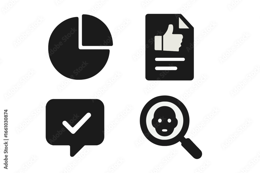 Poster feedback and customer analysis solid icon set. review, survey, and report symbols. data analytics pi