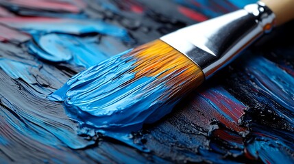 Fototapeta premium Artistic brush applying vibrant blue paint on canvas creating texture and layers photo