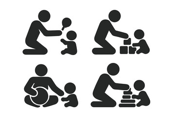 Father playing with baby solid icon set. Man with child and toys like rattle, building blocks, ball, and stacking rings. Family bonding, childcare, parenting vector symbols.