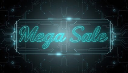 Mega sale glowing neon sign on futuristic circuit board background