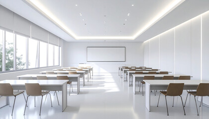 Bright, modern classroom with rows of desks, chairs, and a large screen, bathed in natural light.