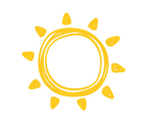 Hand drawn sun icon. Doodle children drawing. Solar icon. weather sign. Vector illustration