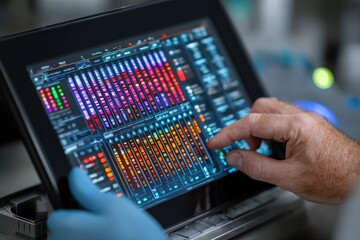 and keyword list based on the image, focusing on object, action, and location

 Hand Touches Colorful Audio Mixing Panel Interface in a Production Environment.