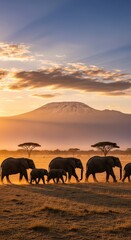 Fototapeta premium Majestic Elephant Family Treks Before a Golden Kilimanjaro at Sunrise.