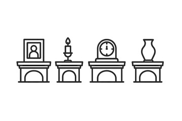 Fireplace mantel icons set. Outline vector illustration of decorating a mantelpiece with framed photo, candle holder, antique clock, and decorative vase. Home interior design concept.