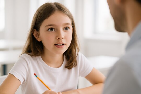 Young student engaged in thoughtful conversation with teacher - Powered by Adobe