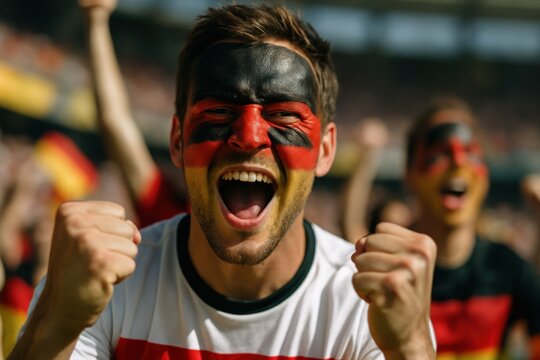 German soccer fan passionately cheering in stadium crowd
