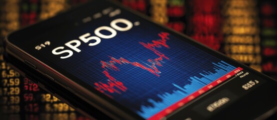 A smartphone displays the SP500 index with a graph on a digital background, illustrating market trends and financial analysis.