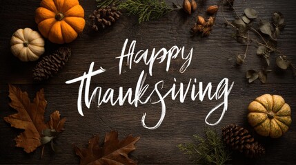 White cursive Thanksgiving text with pumpkins dry leaves pinecones on dark wood grain, autumn harvest design